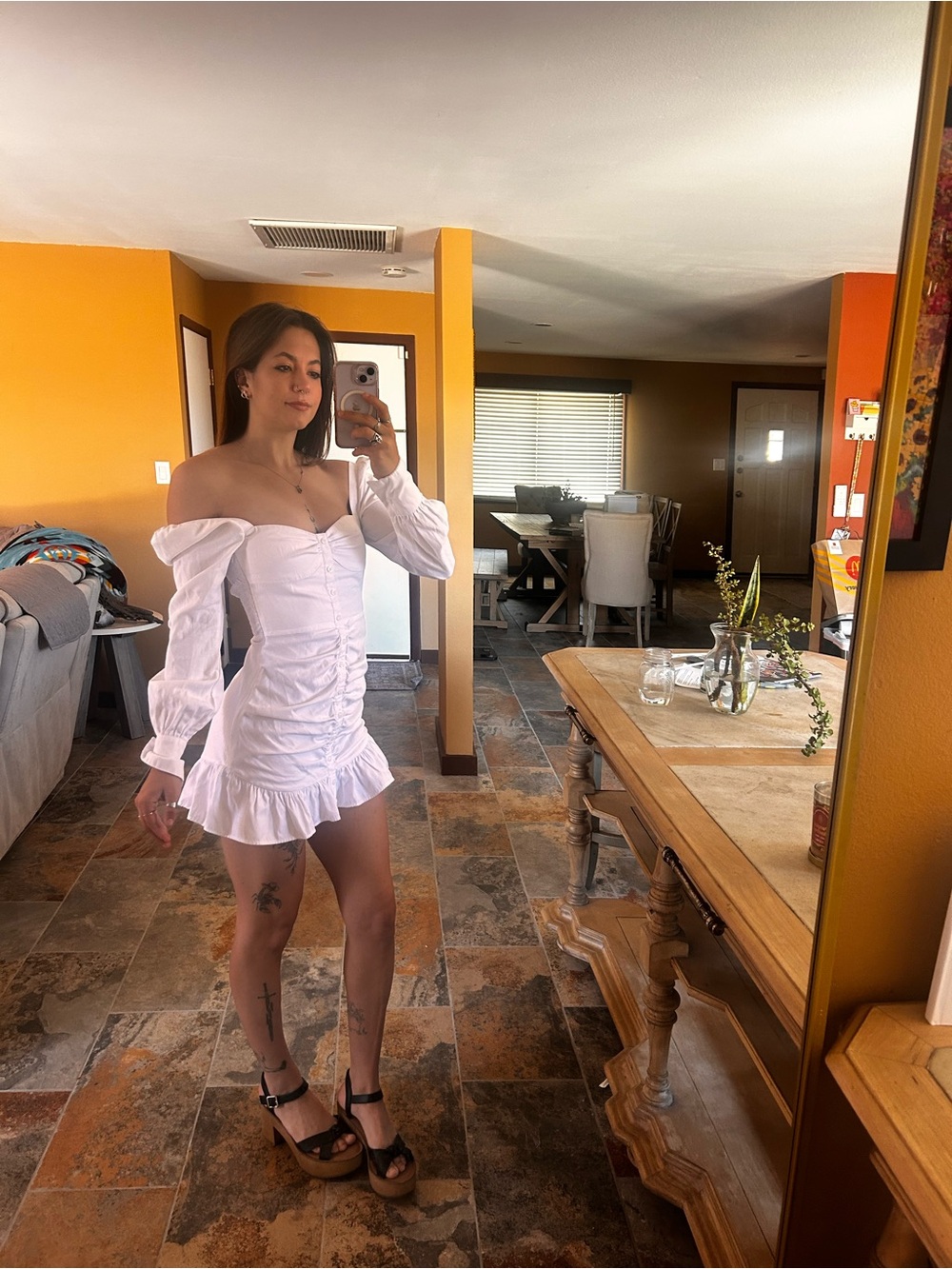 White Ruffle Mini Dress with Long Puff Sleeves